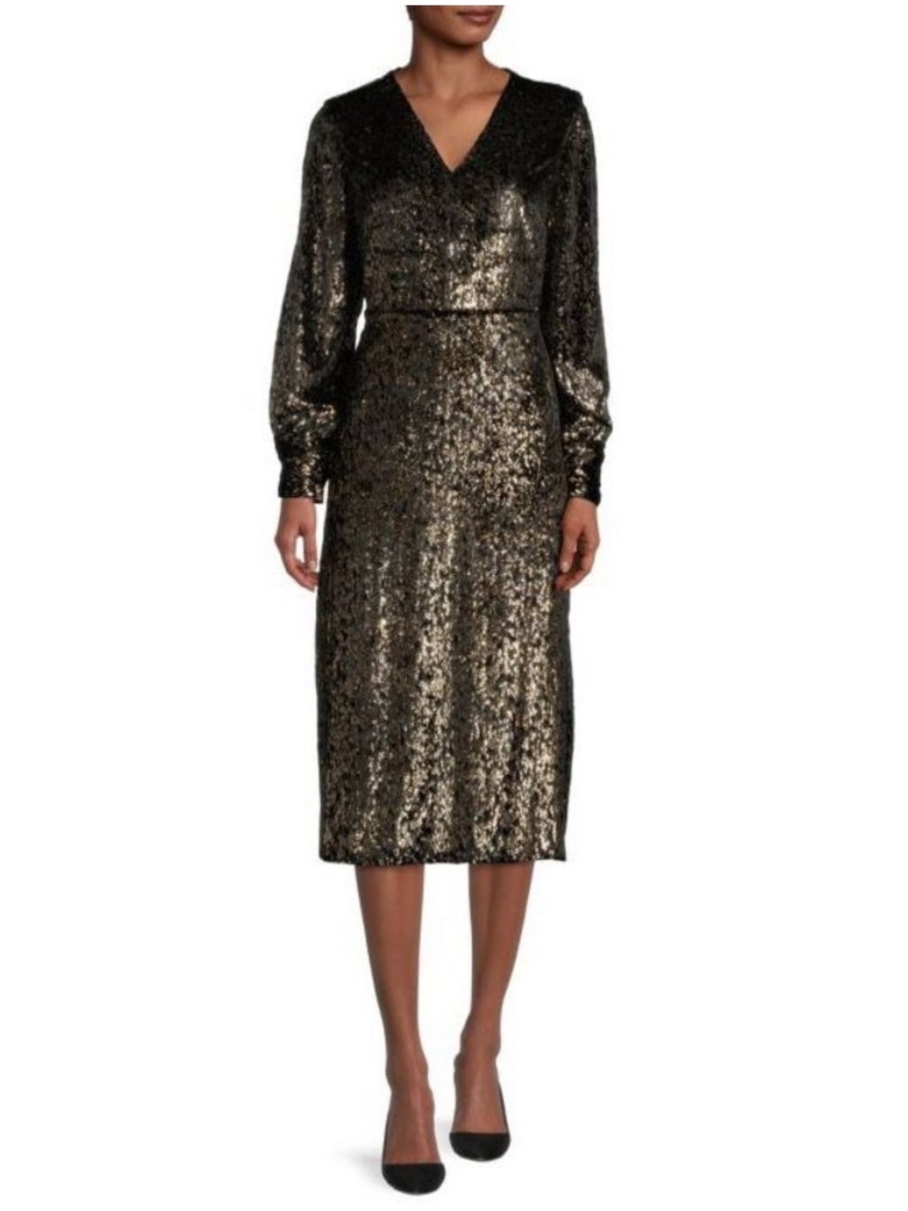 Elie Tahari metallic velvet blouson‎ dress sz 12 black gold